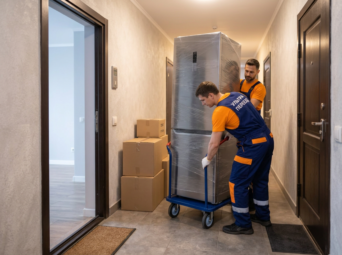 Грузчики несут технику по лестнице