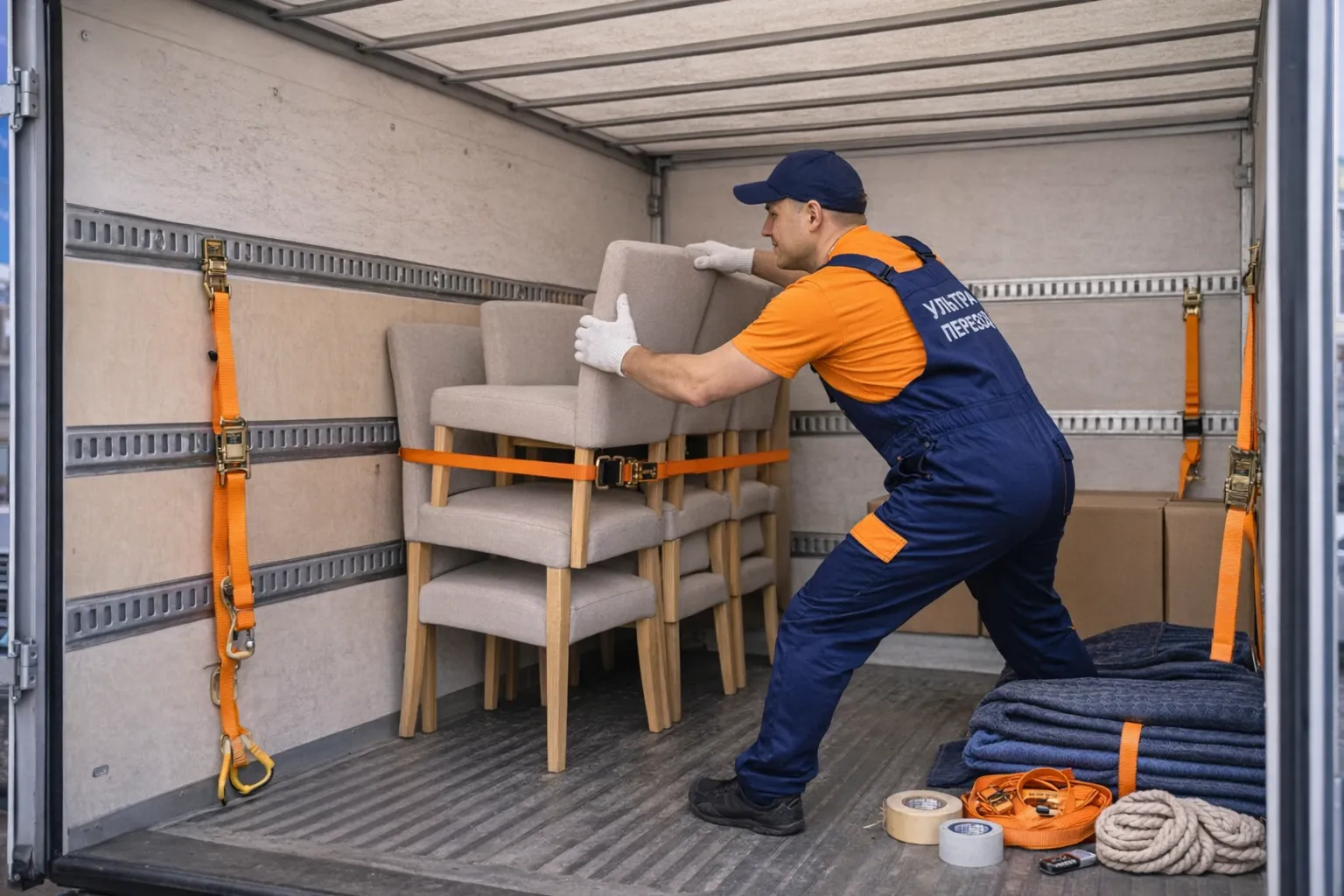 Погрузка мебели в кузов с фиксацией ремнями