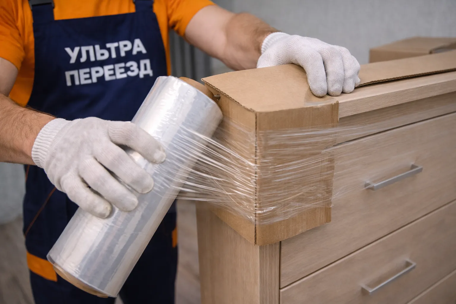 Упаковка мебели стрейч-плёнкой и картоном